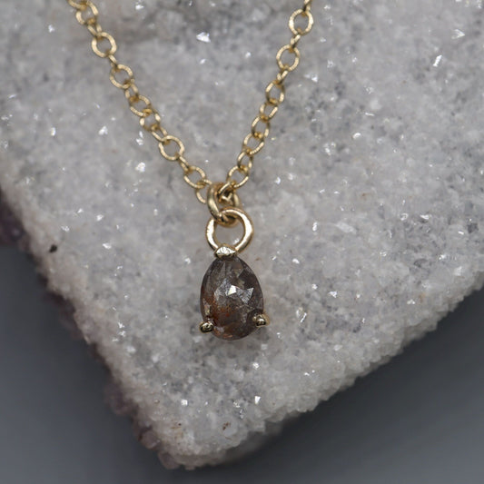 Salt and Pepper pear shaped diamond pendant in yellow gold with chain