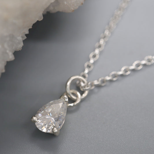 Moissanite large pear shaped stone pendant, classic claw set drop style