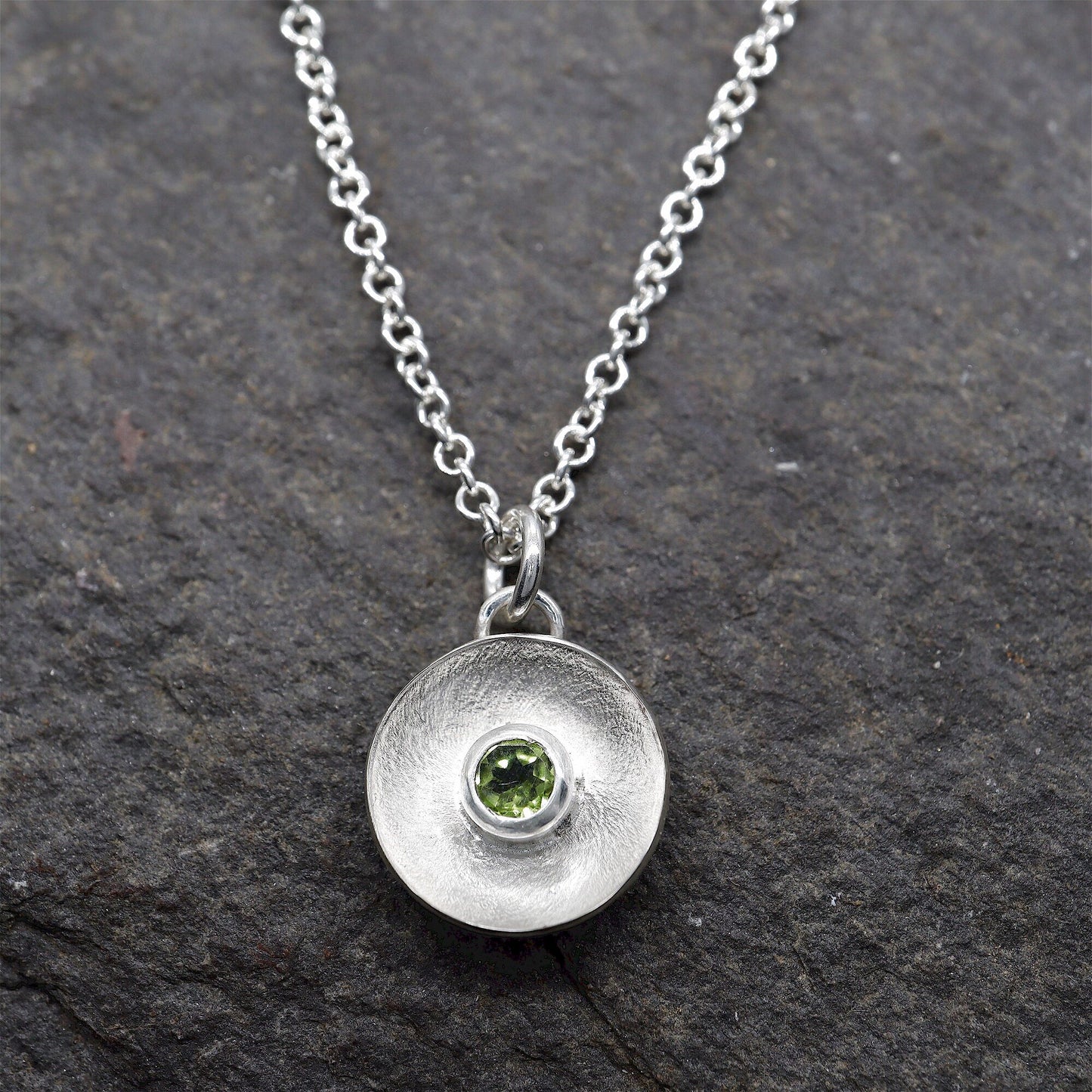 Peridot pendant, silver Water Droplets design.