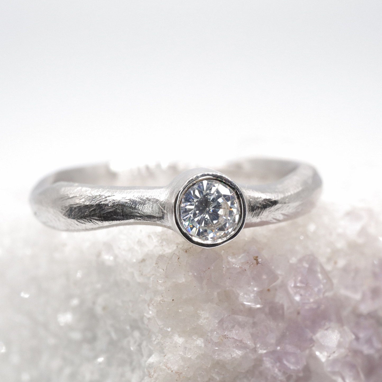 Solitaire diamond larger silver ring, Beach Sand design
