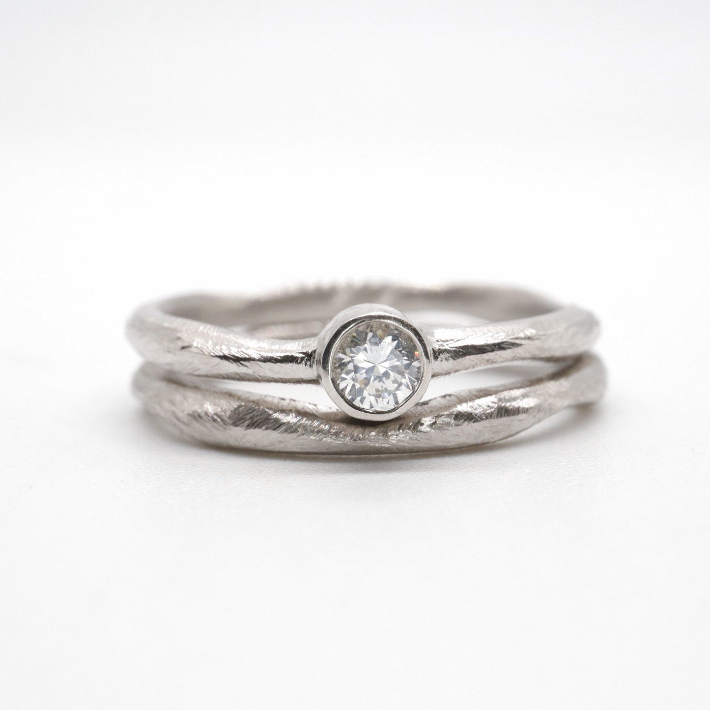 Diamond bridal set, white gold minimalist narrow rings, Beach Sand design for Alain