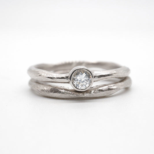 Diamond bridal set, silver minimalist narrow rings, Beach Sand design