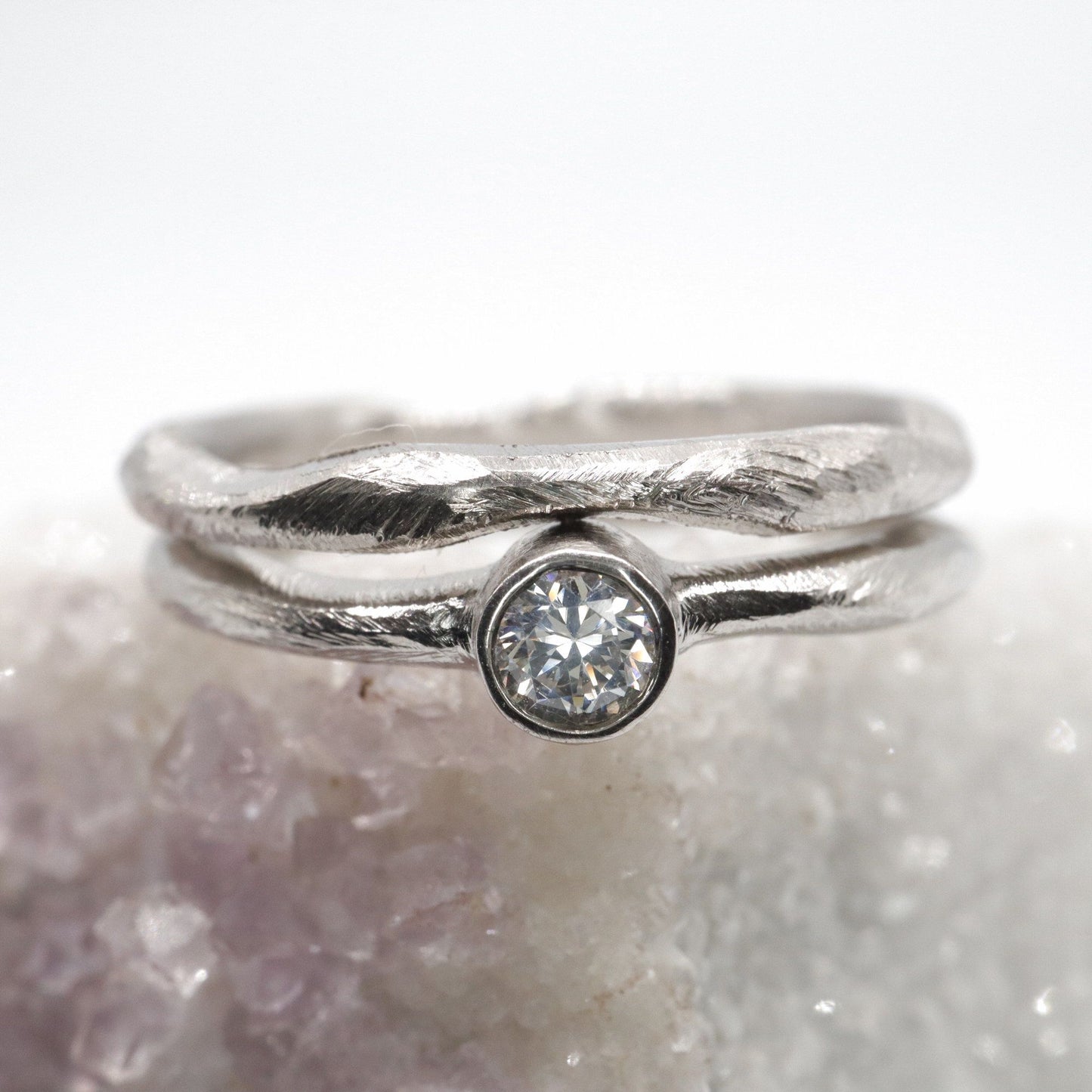 Diamond bridal set, white gold minimalist narrow rings, Beach Sand design for Alain