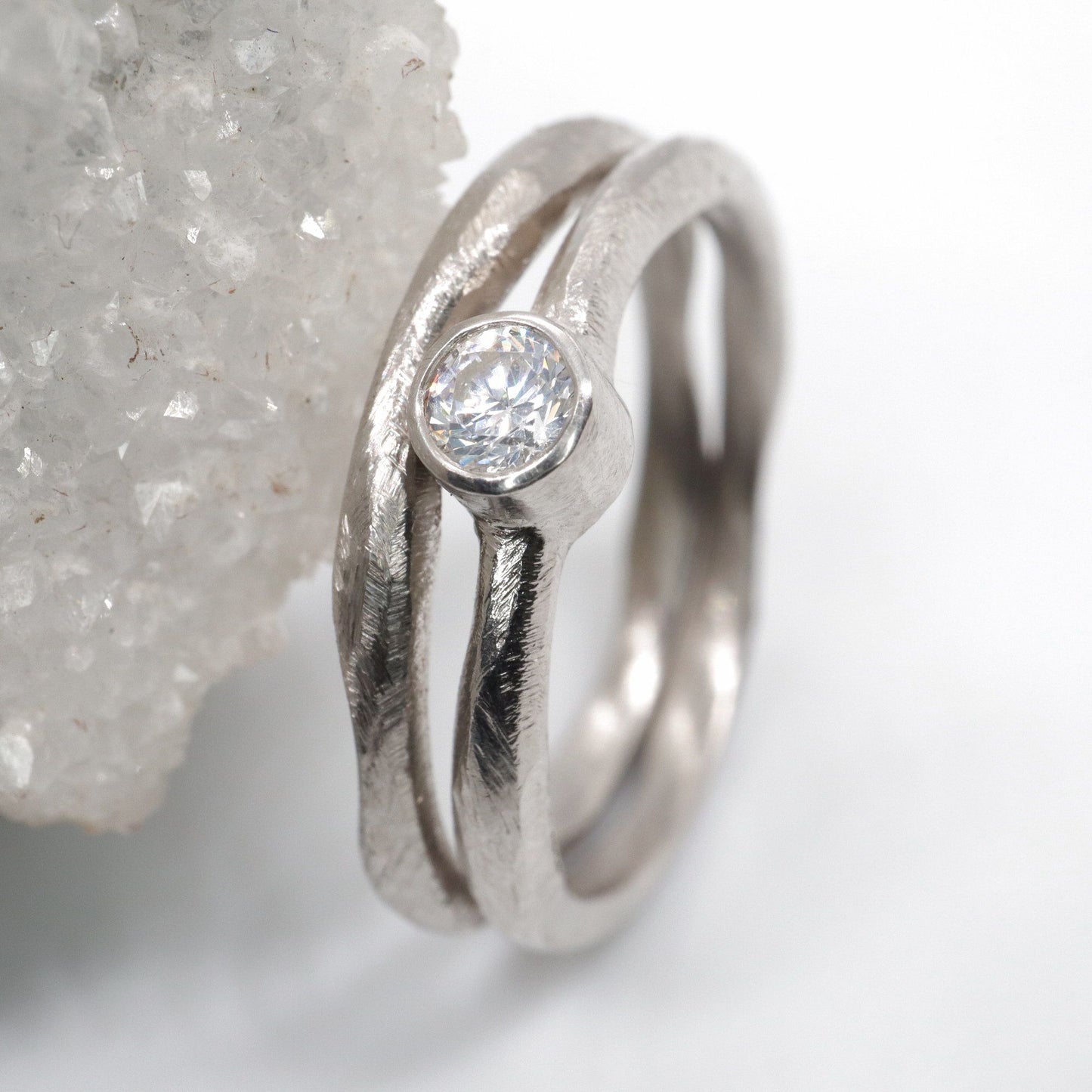 Diamond bridal set, white gold minimalist narrow rings, Beach Sand design for Alain