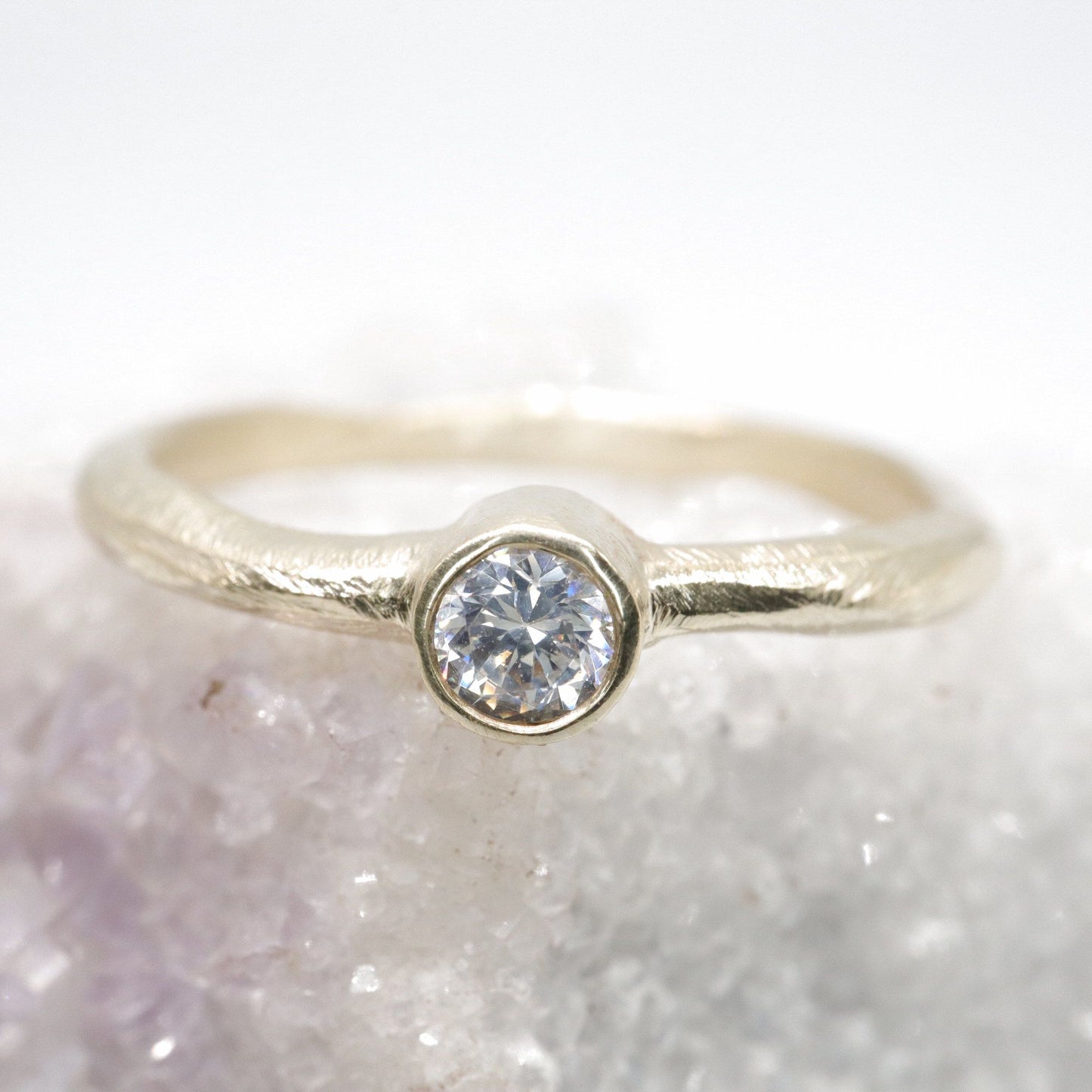 Yellow gold diamond solitaire minimalist narrow ring, Beach Sand design