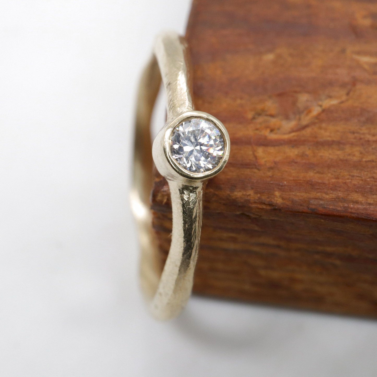 Yellow gold diamond solitaire minimalist narrow ring, Beach Sand design