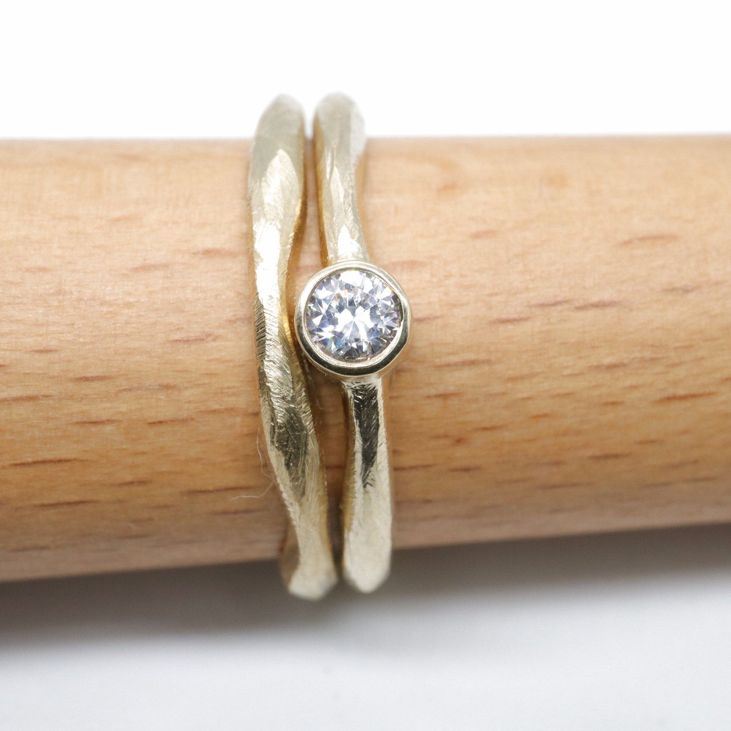 Yellow gold diamond bridal set, minimalist narrow rings, Beach Sand design