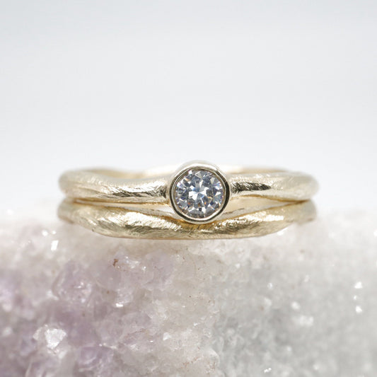 Yellow gold diamond bridal set, minimalist narrow rings, Beach Sand design