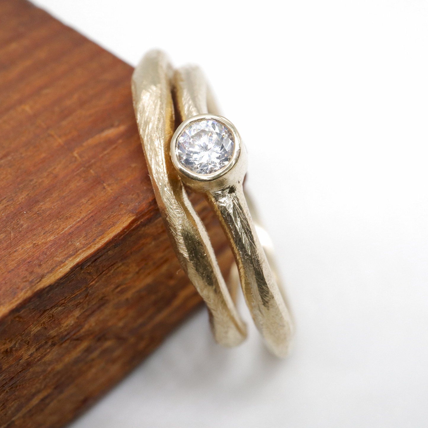 Yellow gold diamond bridal set, minimalist narrow rings, Beach Sand design