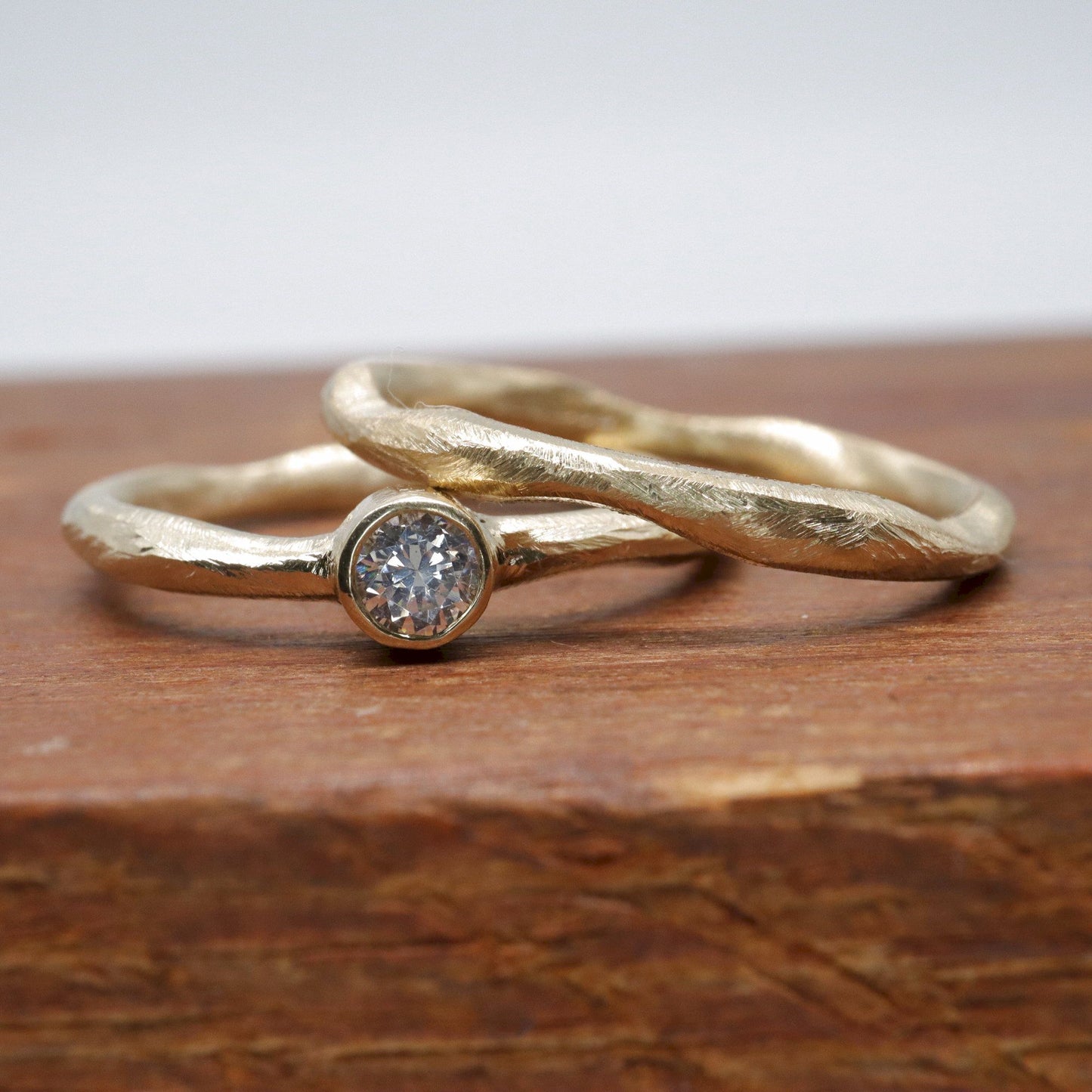 Yellow gold diamond bridal set, minimalist narrow rings, Beach Sand design