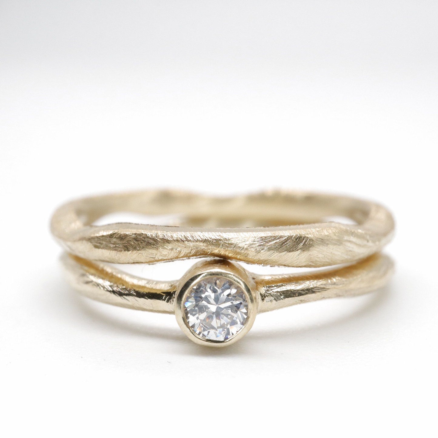 Yellow gold diamond bridal set, minimalist narrow rings, Beach Sand design
