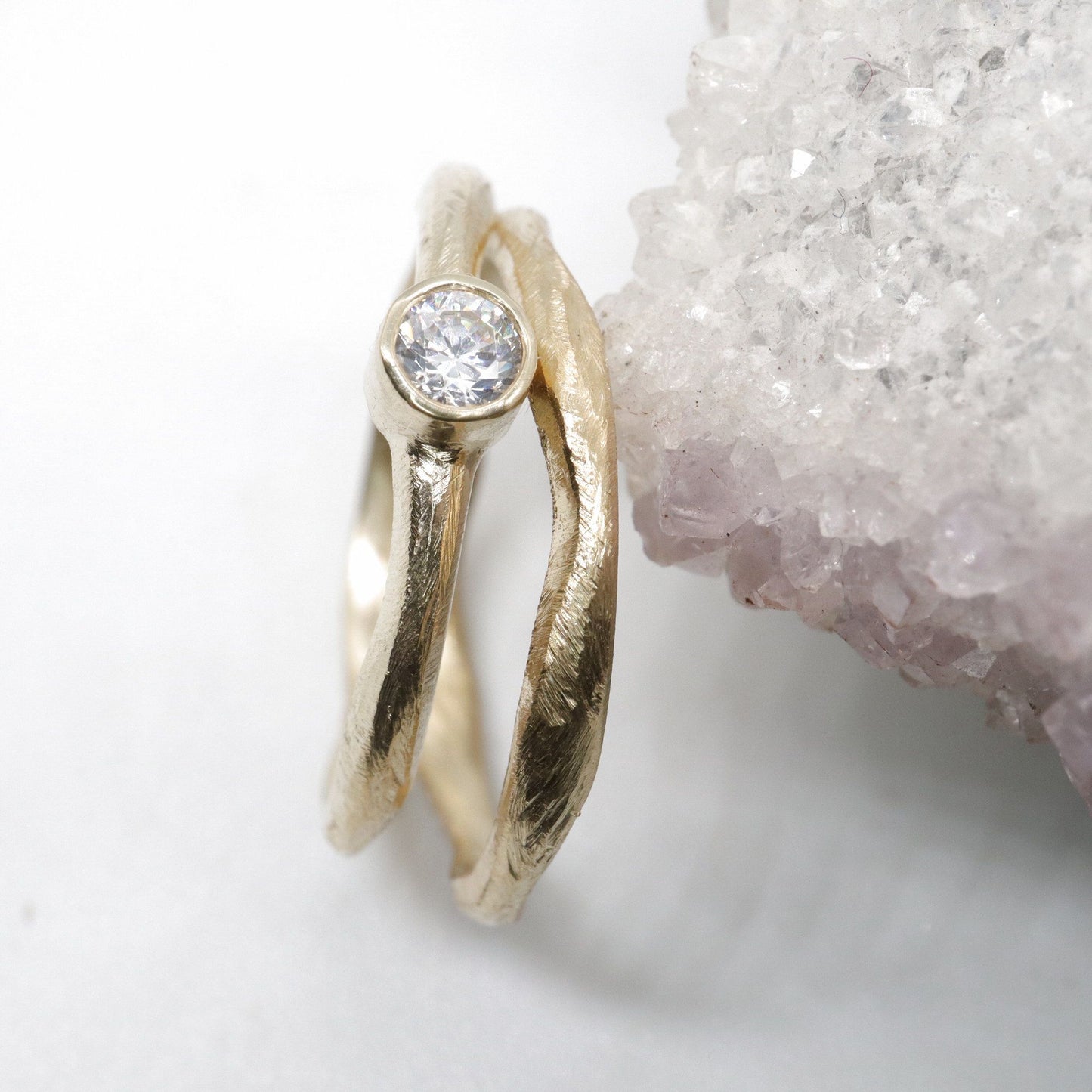 Yellow gold diamond bridal set, minimalist narrow rings, Beach Sand design