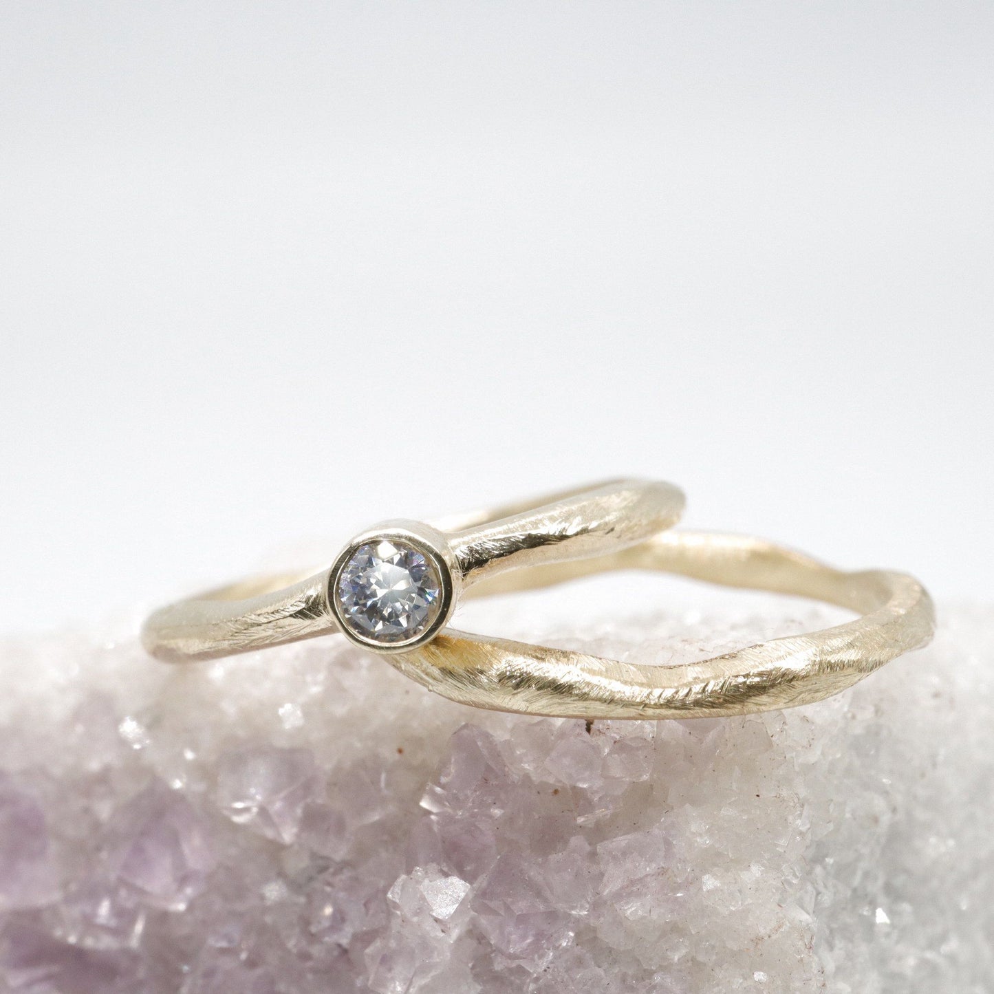 Yellow gold diamond bridal set, minimalist narrow rings, Beach Sand design