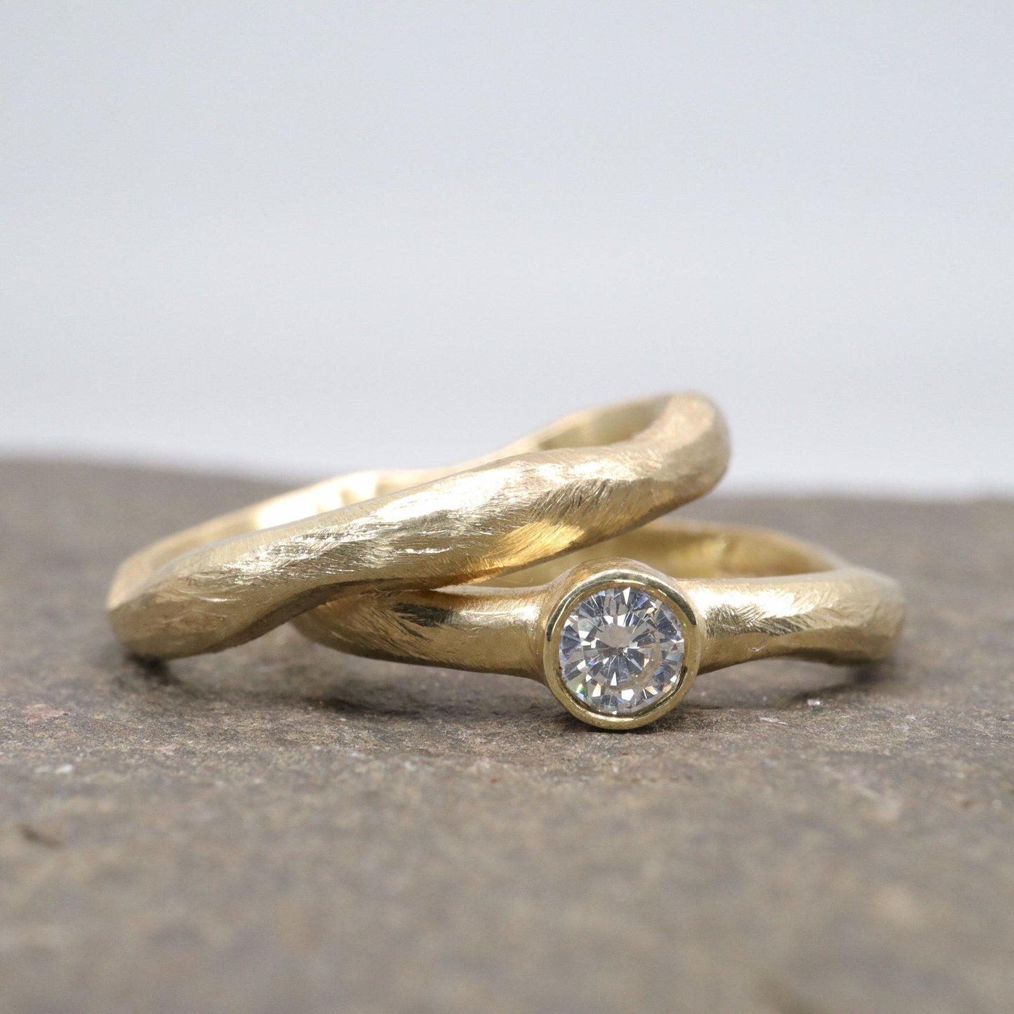 Yellow gold diamond bridal set, larger 3mm rings, Beach Sand design