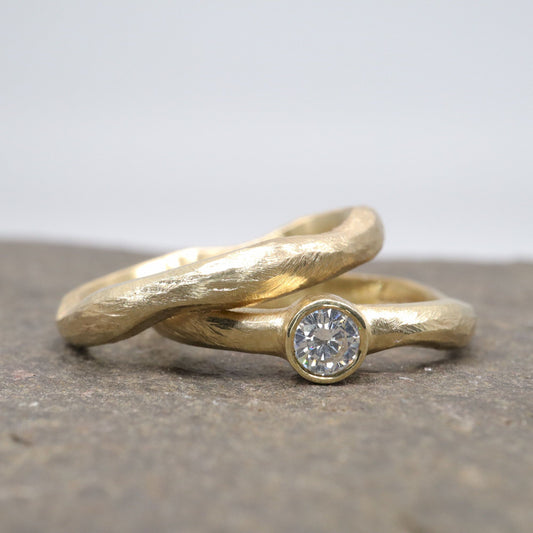 Yellow gold diamond bridal set, larger 3mm rings, Beach Sand design