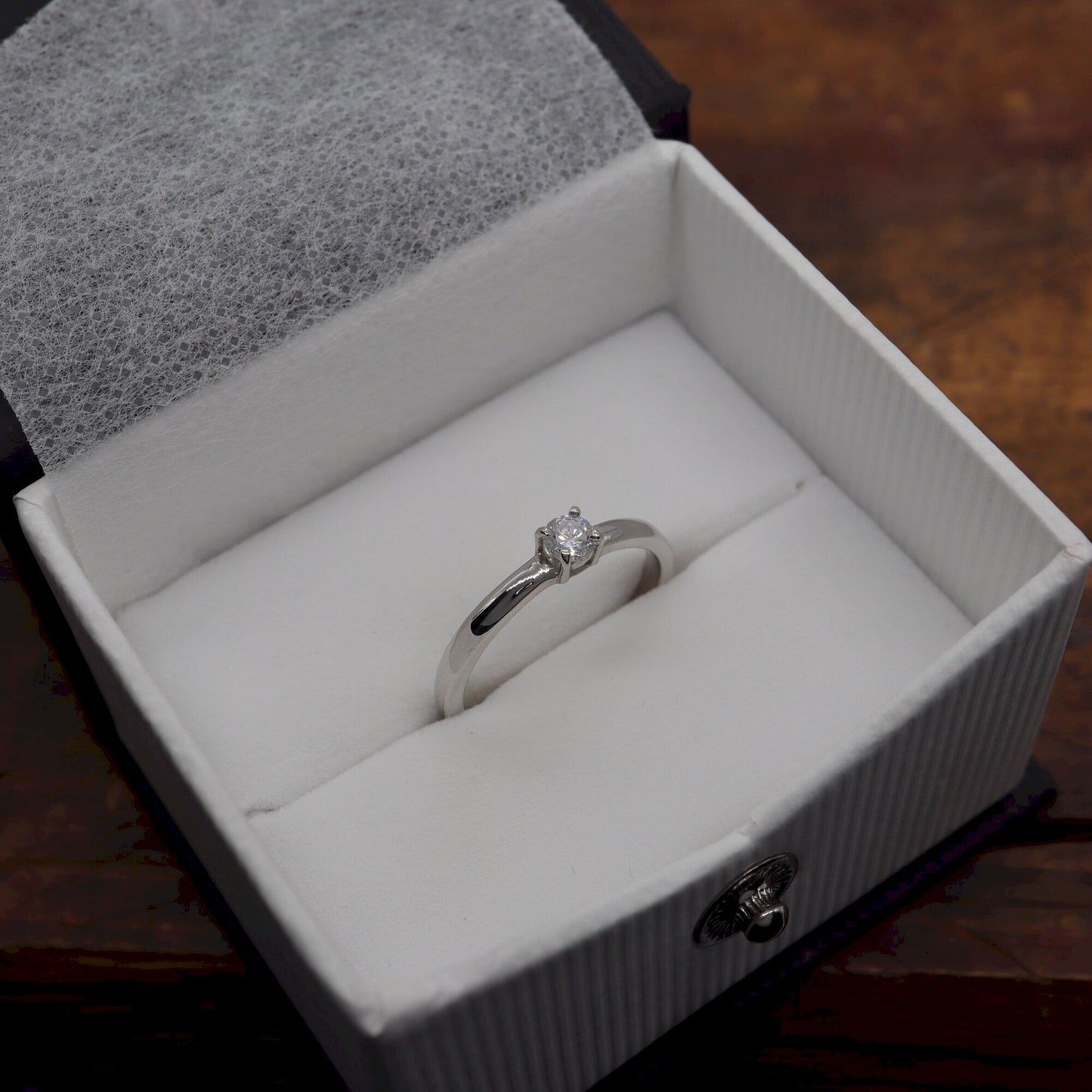 Diamond solitaire white gold ring, Carlisle design.