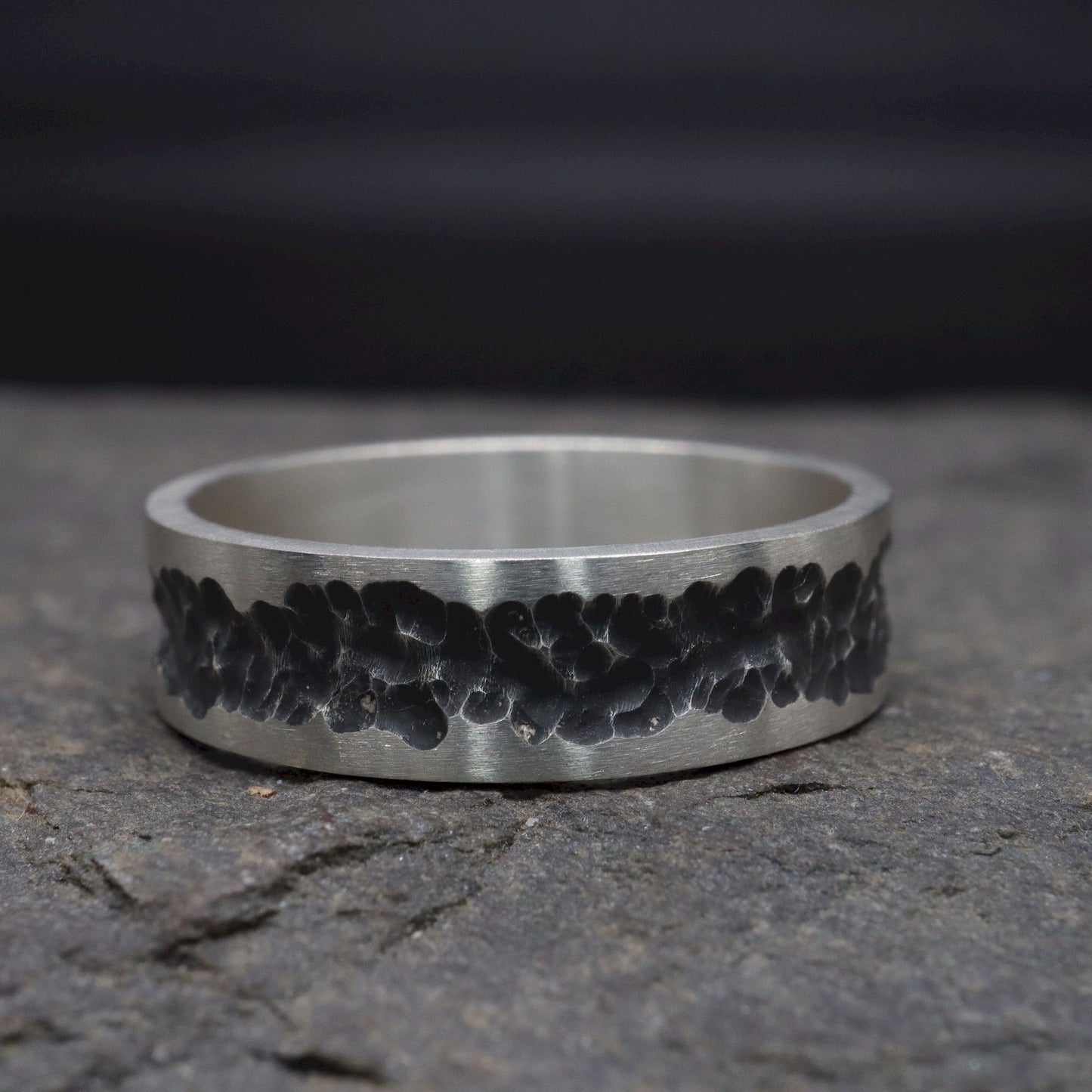 Mens wedding, promise or engagement ring with a carved out pattern, Cat Bells design.