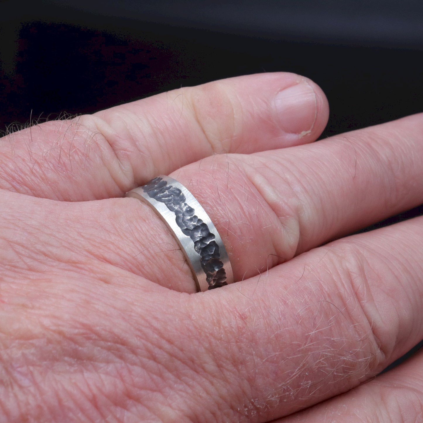 Mens wedding, promise or engagement ring with a carved out pattern, Cat Bells design.