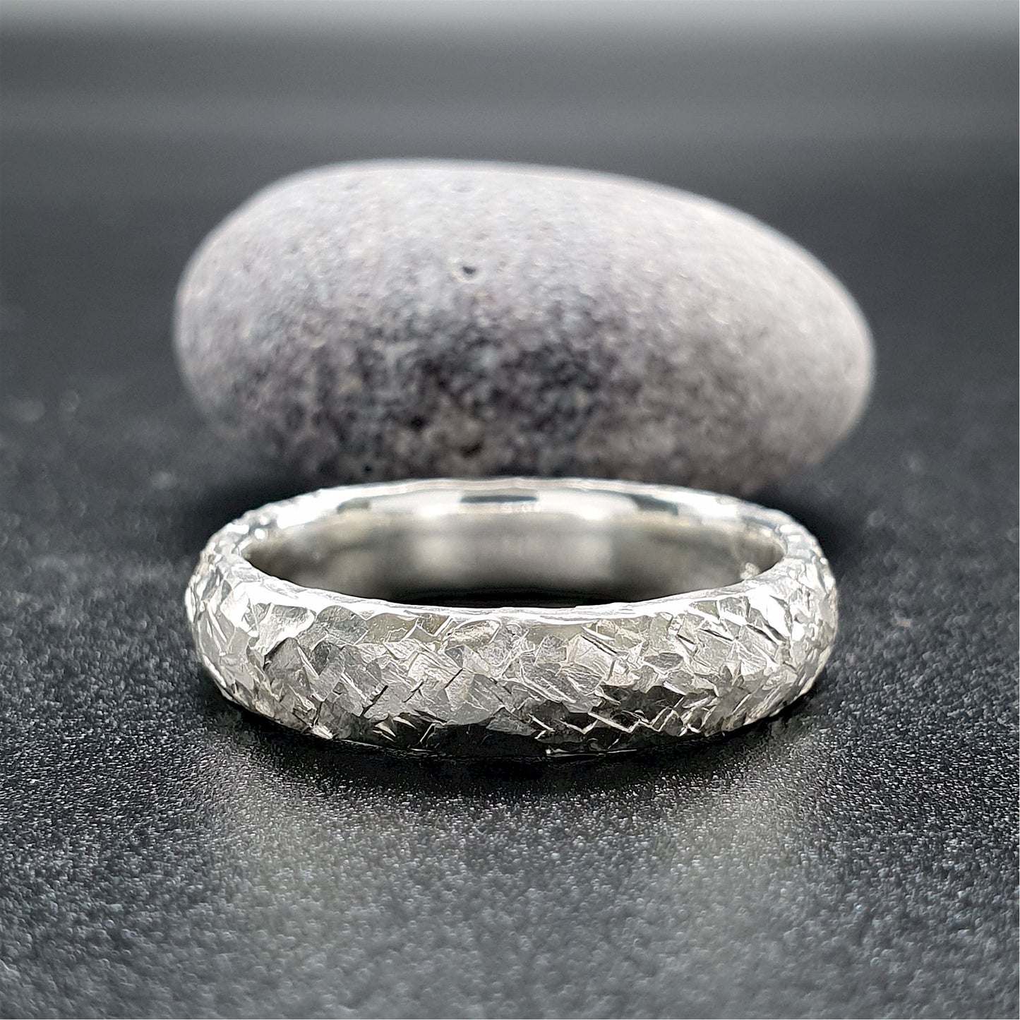 Fire matching silver hammered wedding ring set