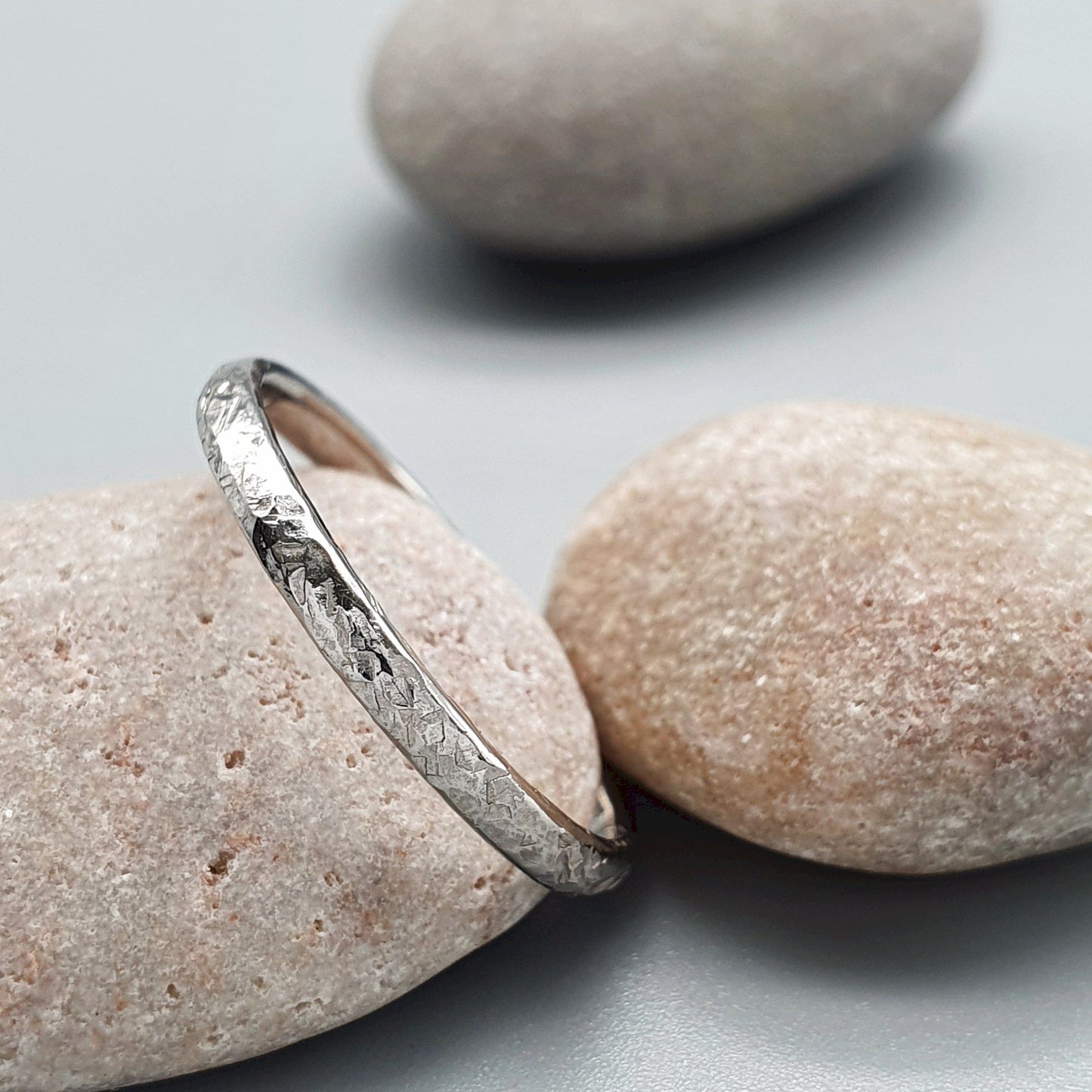 Fire matching silver hammered wedding ring set