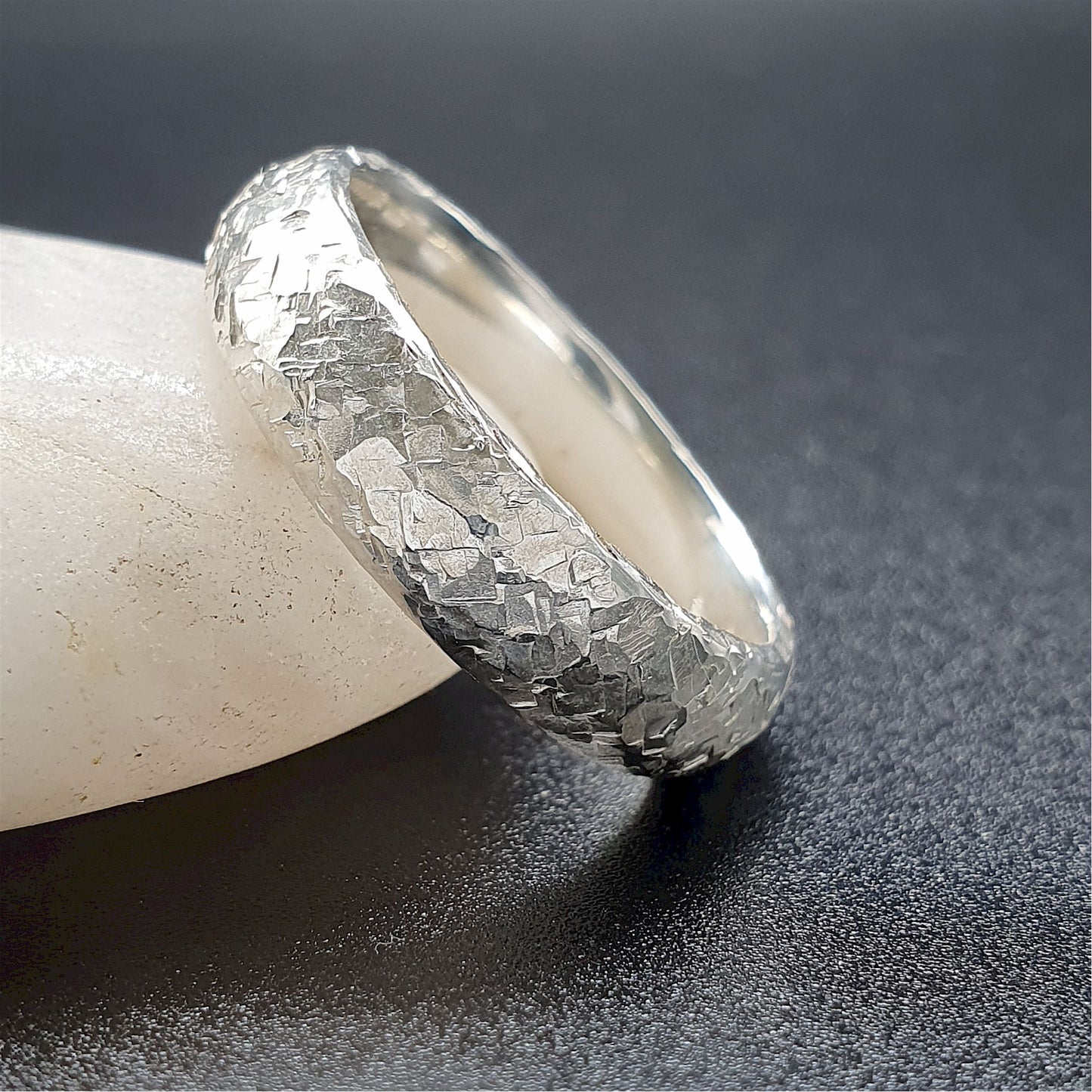 Fire gold design matching wedding ring set - court hammered men and womens rings.