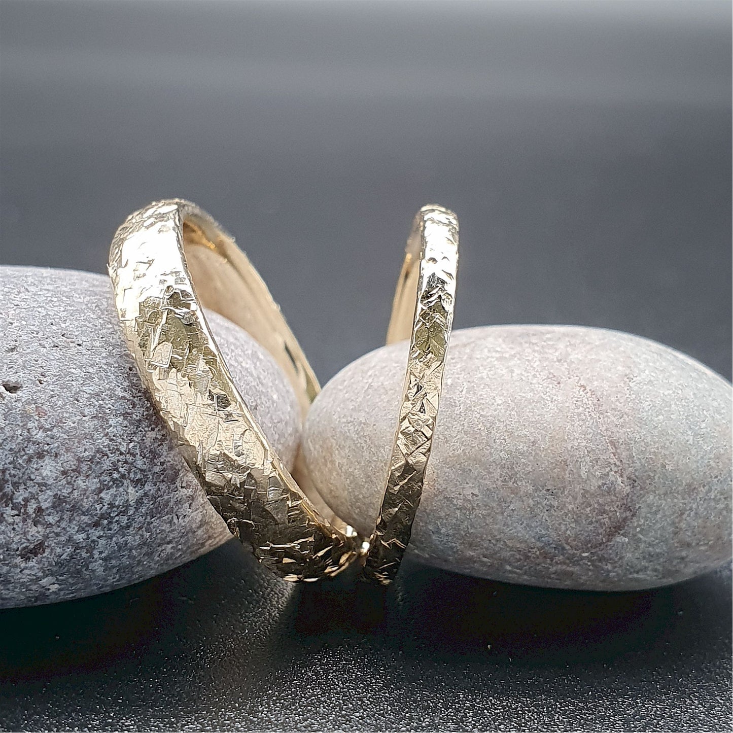 Fire gold design matching wedding ring set - court hammered men and womens rings.