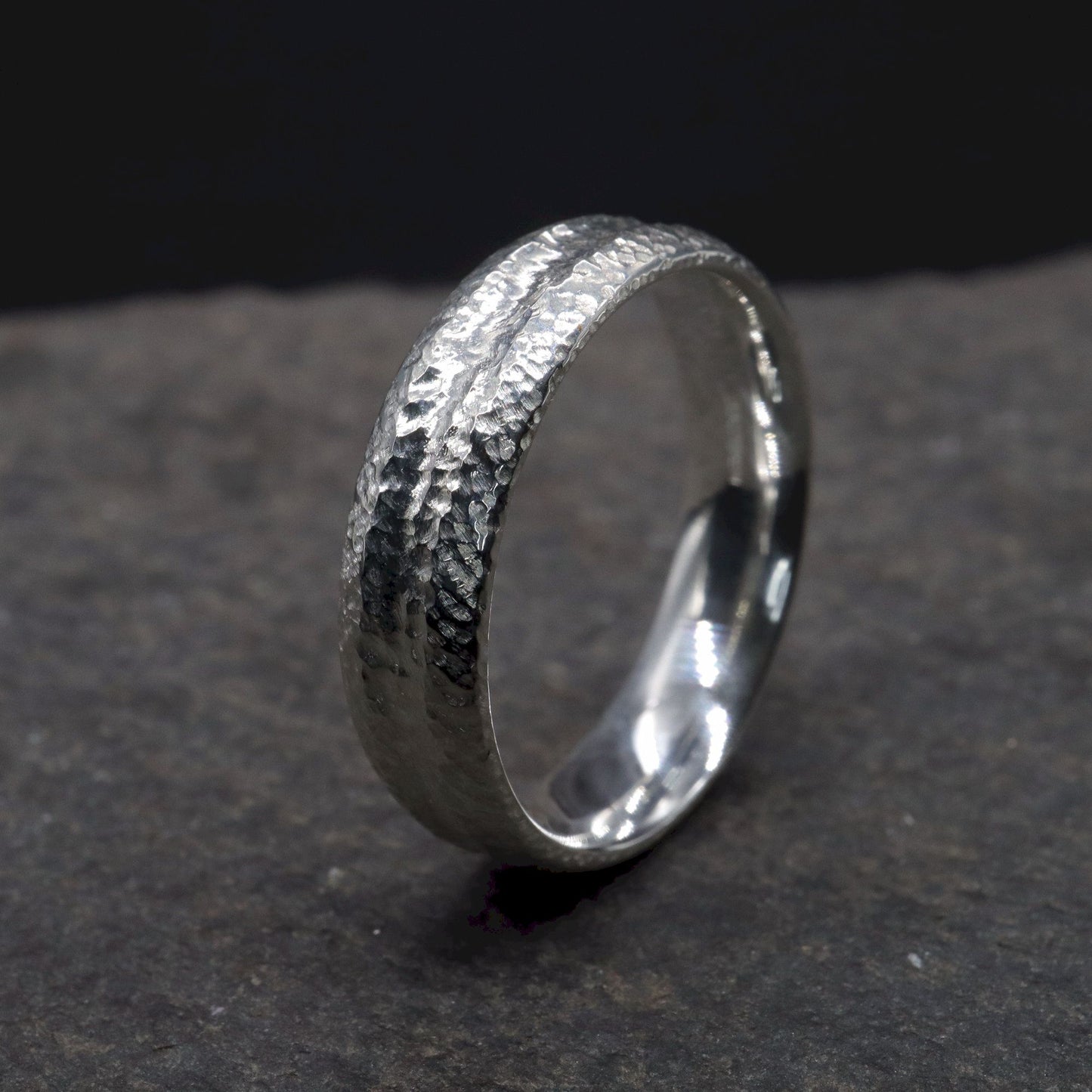 White gold wide wedding ring with a carved rustic pattern, Fleetwith Pike design.