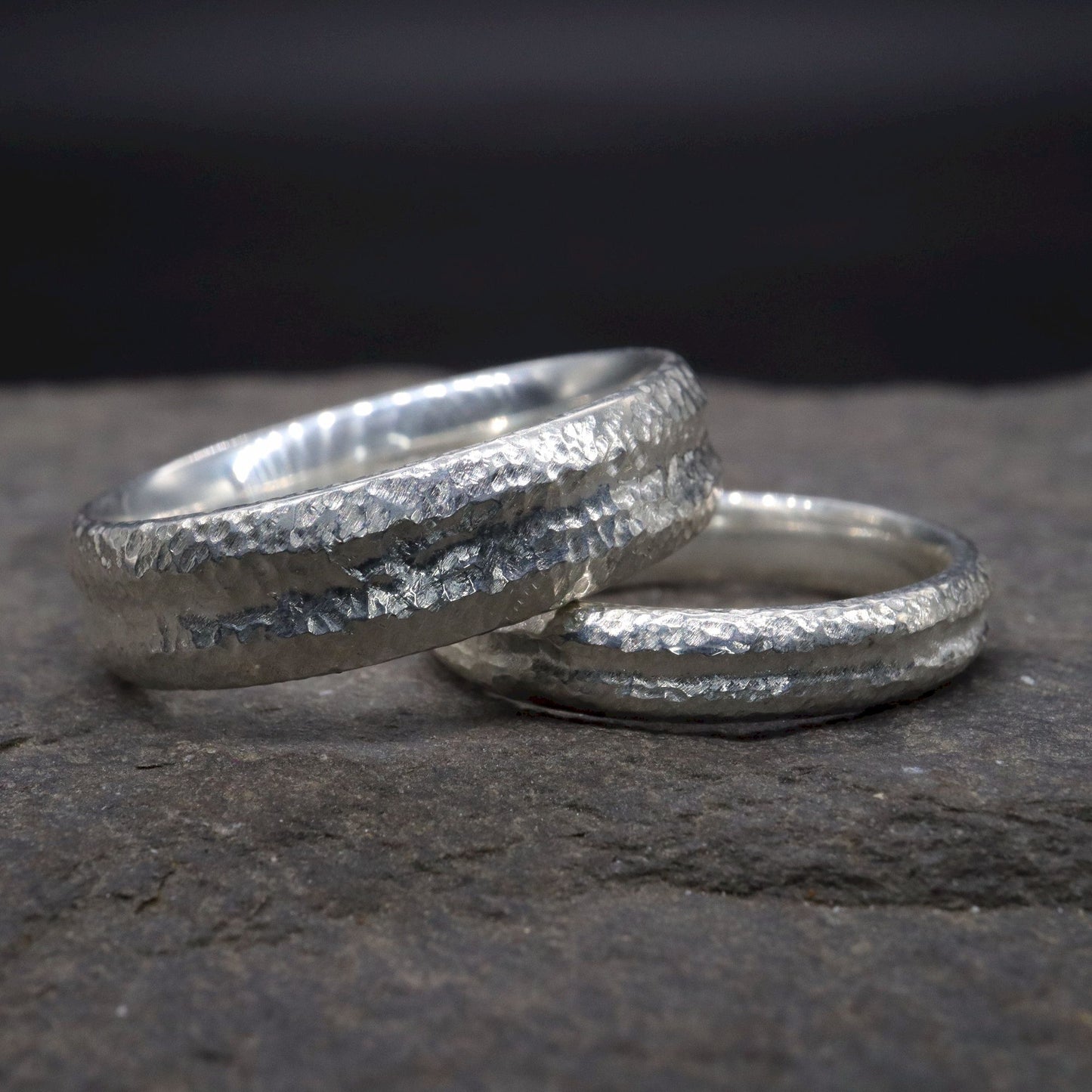 Fleetwith Pike silver matching wedding ring set - rustic carved textured band - original men`s and women`s design - 4mm and 6mm.