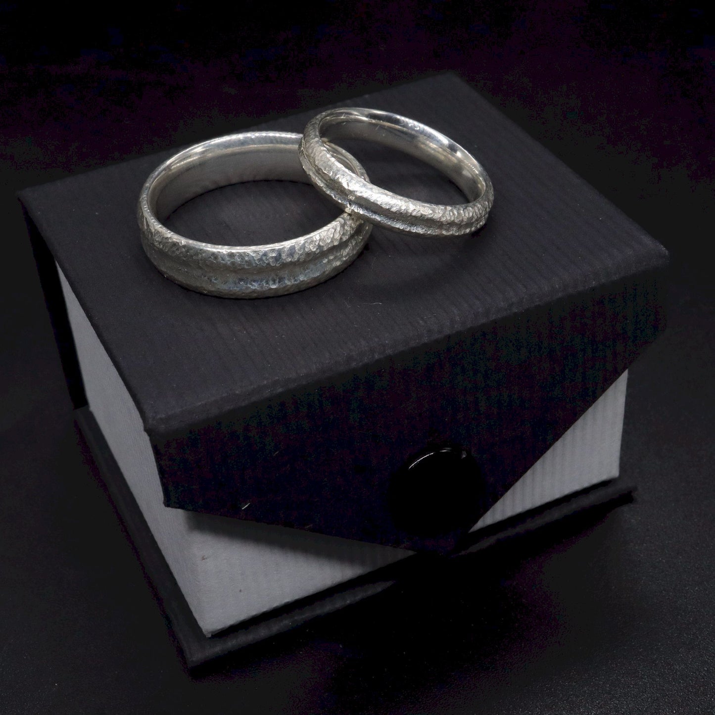 Fleetwith Pike silver matching wedding ring set - rustic carved textured band - original men`s and women`s design - 4mm and 6mm.