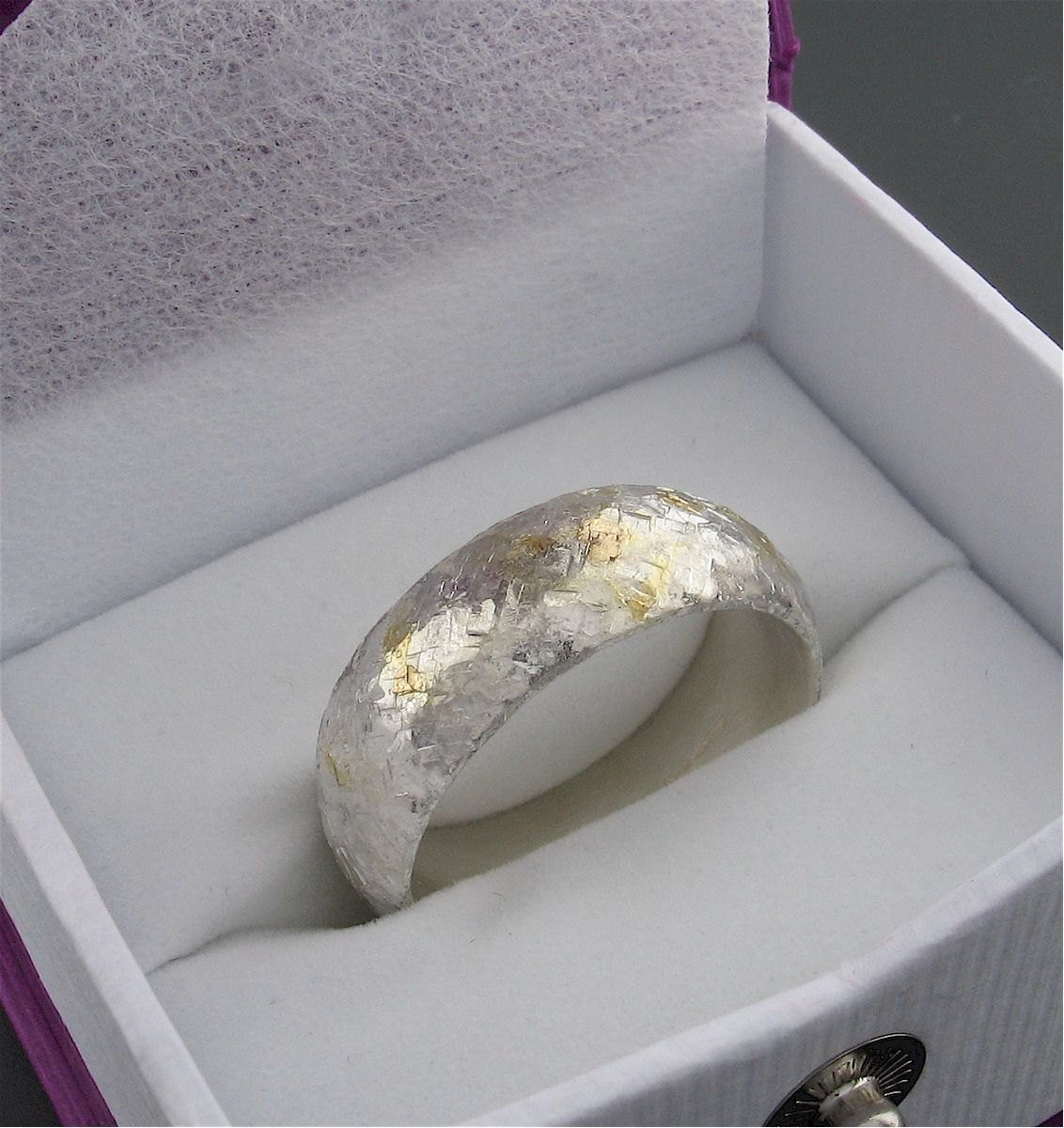 Silver and gold Morning View 8mm court wedding ring with rustic hammered surface. Original design handmade band for a man Designer Wedding Rings CumbrianDesigns