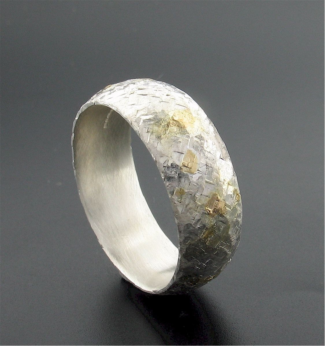 Silver and gold Morning View 8mm court wedding ring with rustic hammered surface. Original design handmade band for a man - Cumbrian Designs