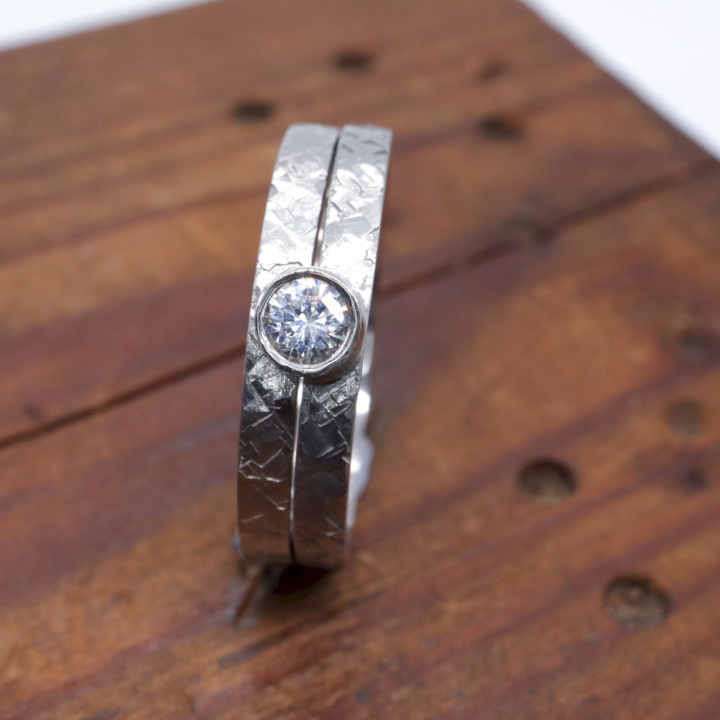 Solitaire minimalist diamond ring set with matching narrow wedding ring, Kendal white gold rustic design