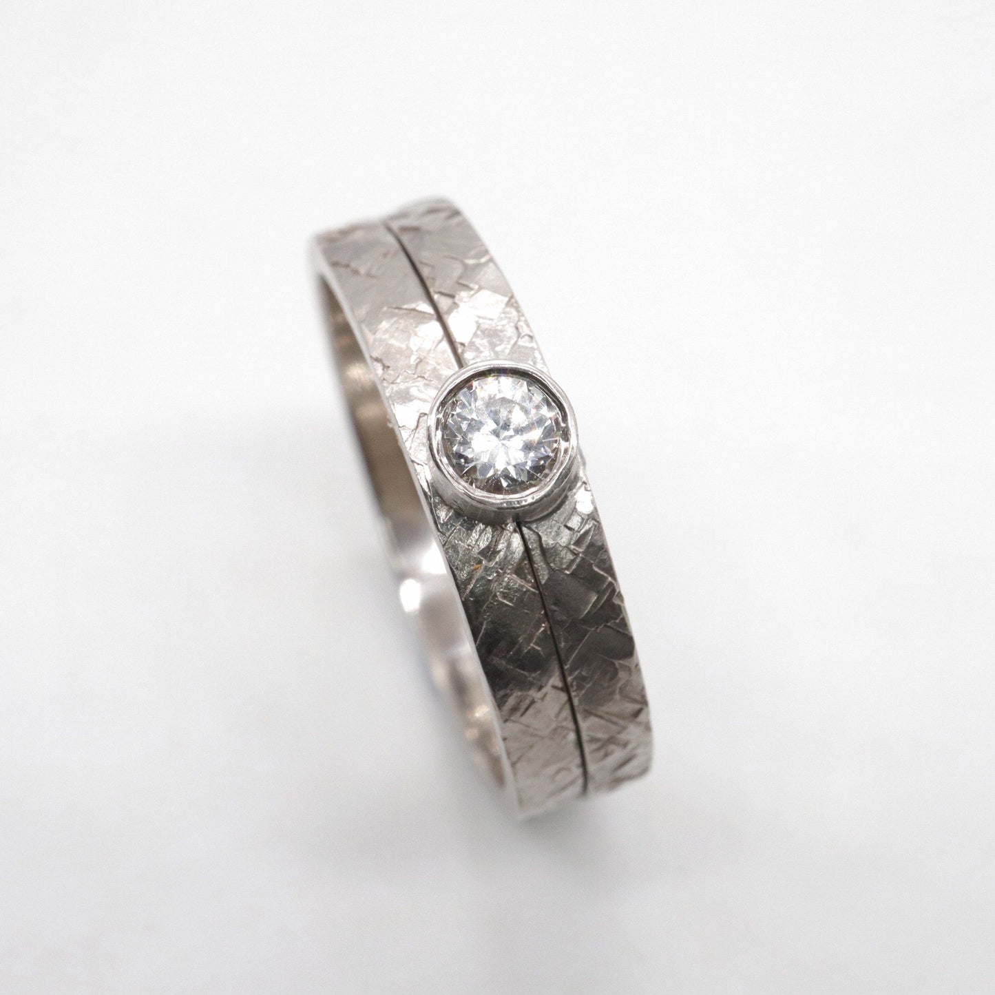 Solitaire minimalist diamond ring set with matching narrow wedding ring, Kendal white gold rustic design