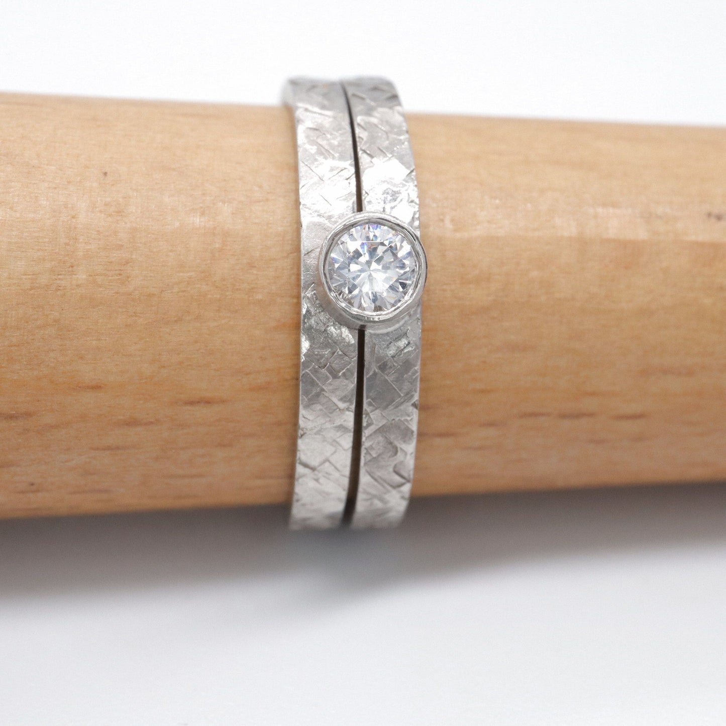 Solitaire minimalist diamond ring set with matching narrow wedding ring, Kendal white gold rustic design