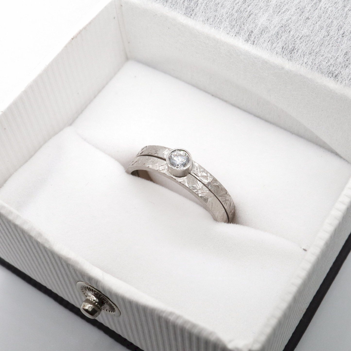 Solitaire minimalist diamond ring set with matching narrow wedding ring, Kendal white gold rustic design