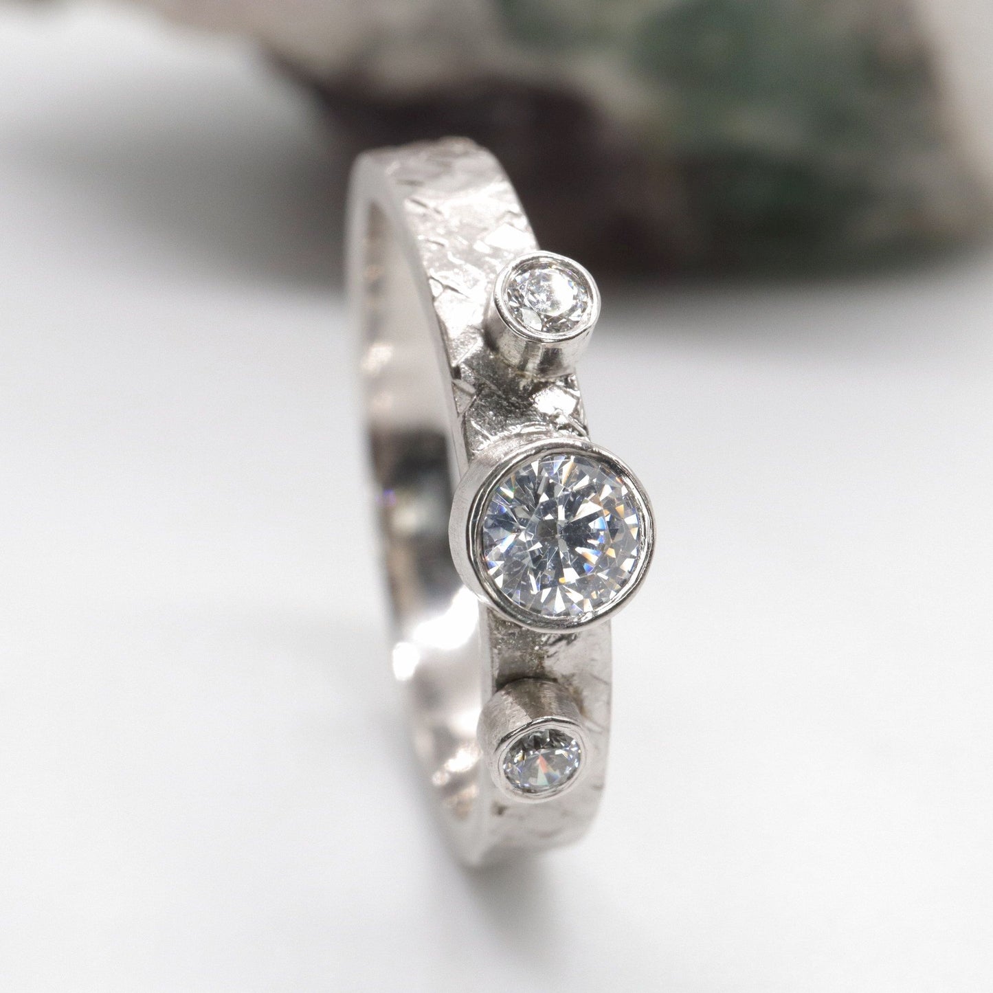 Trilogy diamond ring, Kendal white gold three stone rustic design