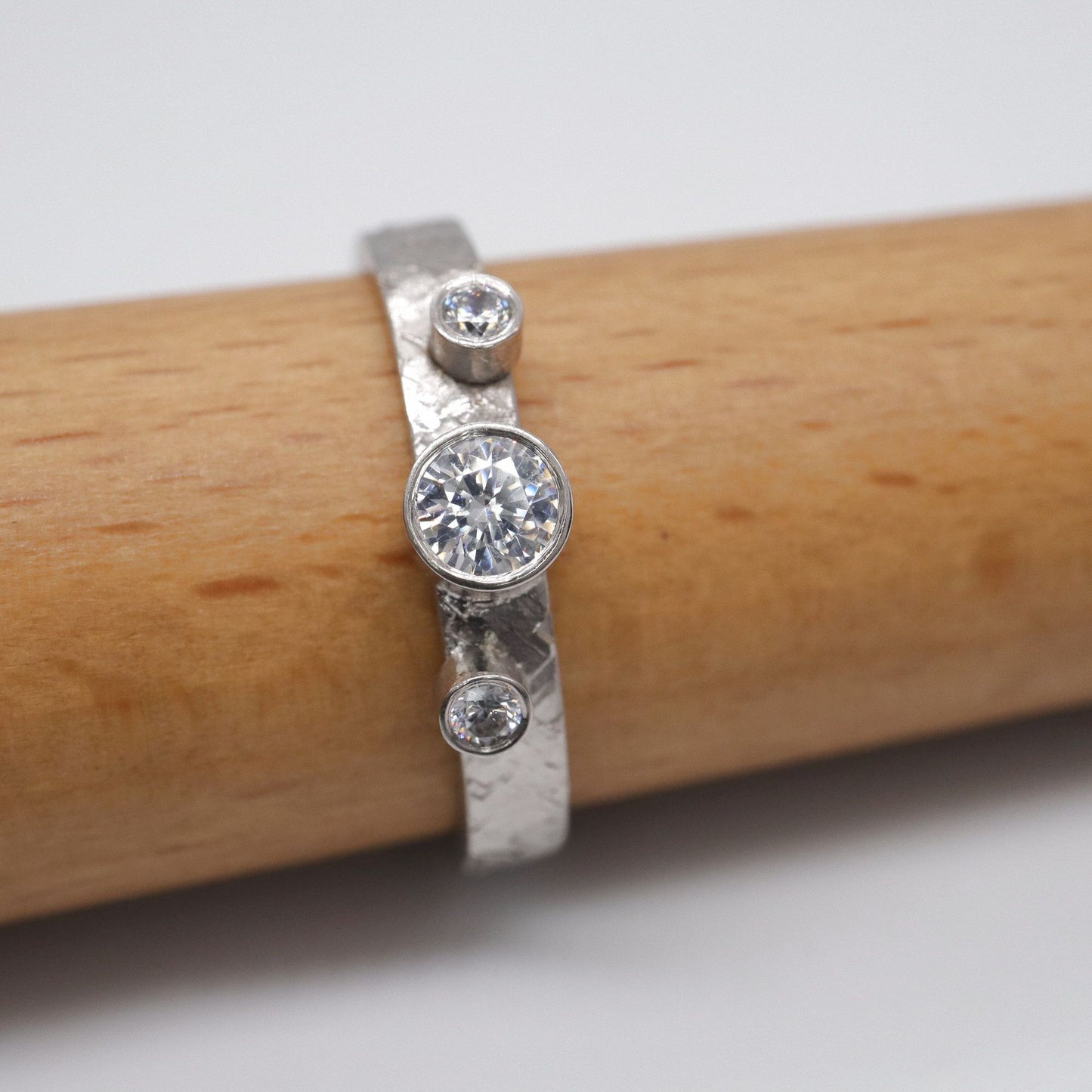 Trilogy diamond ring, Kendal white gold three stone rustic design