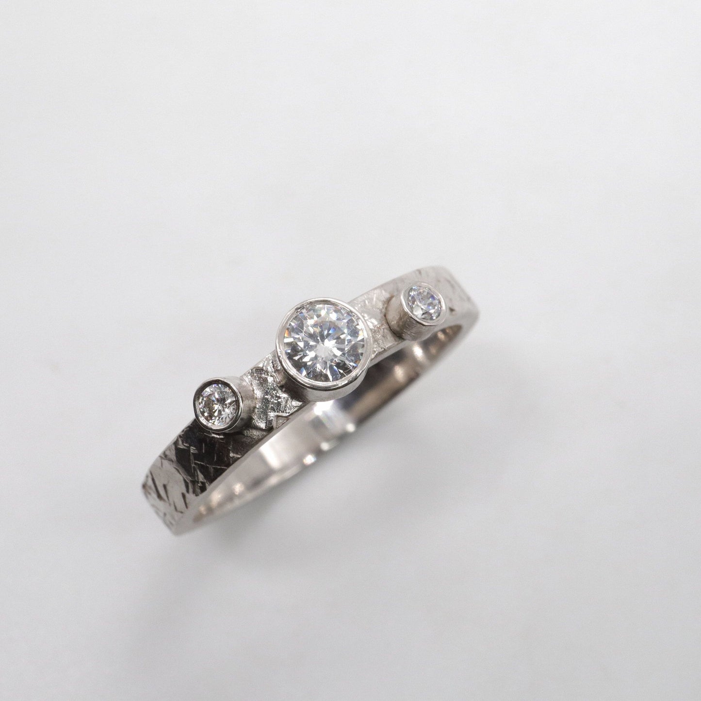 Trilogy diamond ring, Kendal white gold three stone rustic design