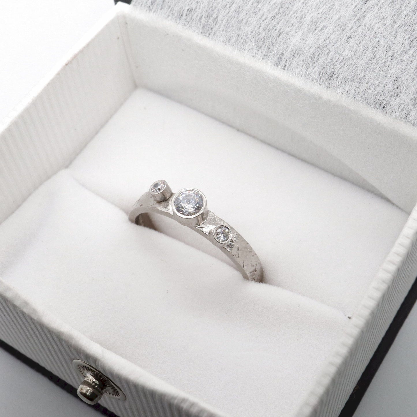 Trilogy diamond ring, Kendal white gold three stone rustic design