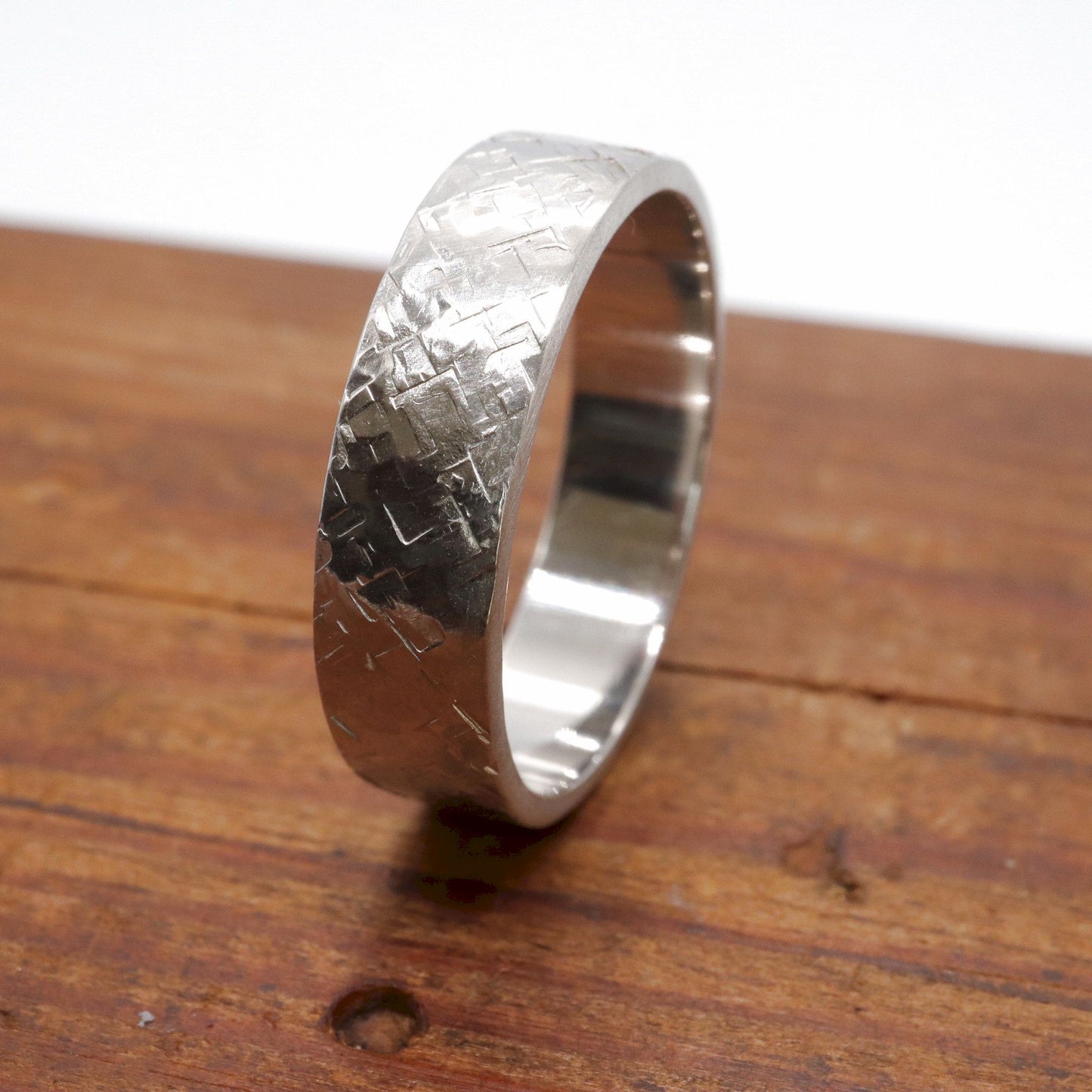 Broad white gold wedding ring, Kendal flat rustic hammered design