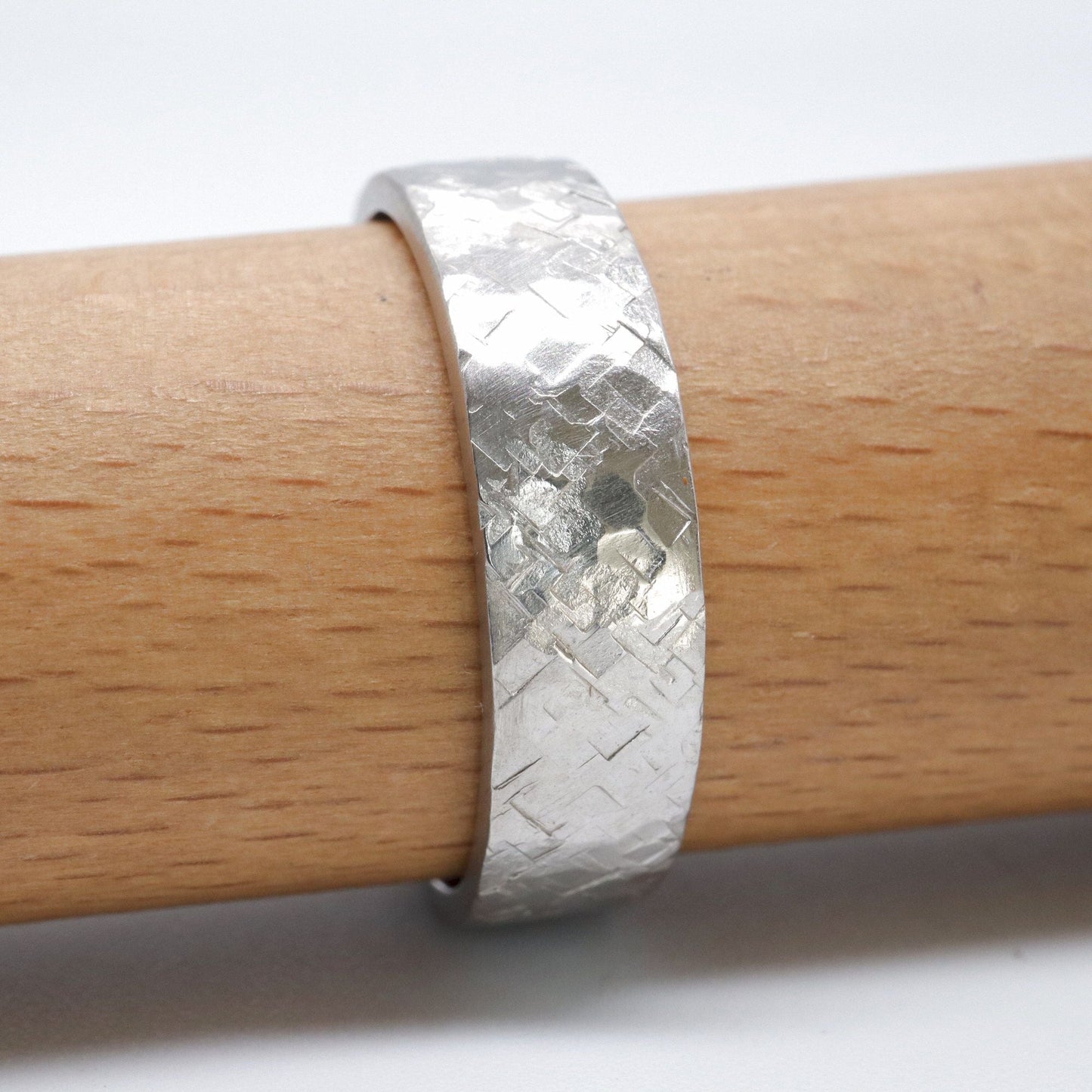 Broad silver wedding ring, Kendal flat rustic hammered design