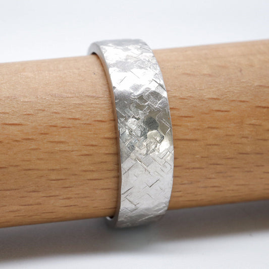 Broad silver wedding ring, Kendal flat rustic hammered design