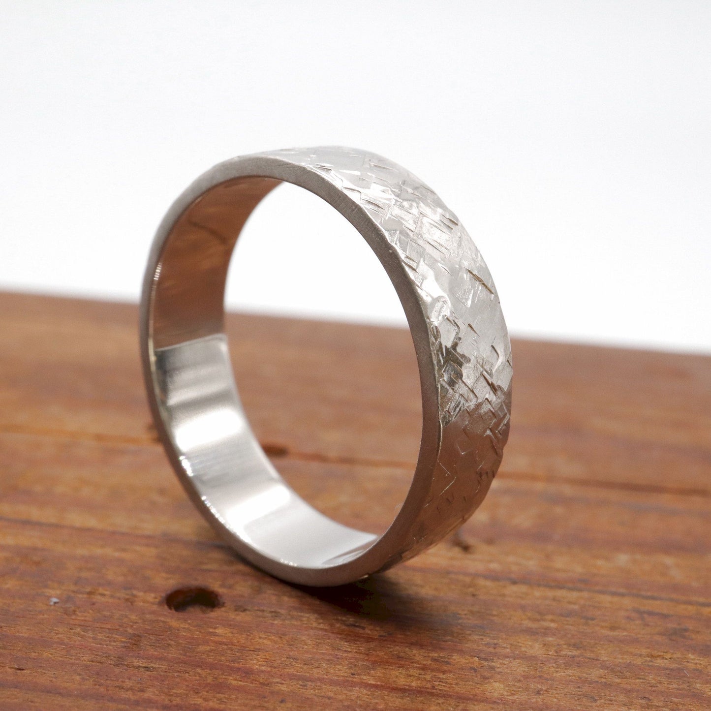 Broad white gold wedding ring, Kendal flat rustic hammered design