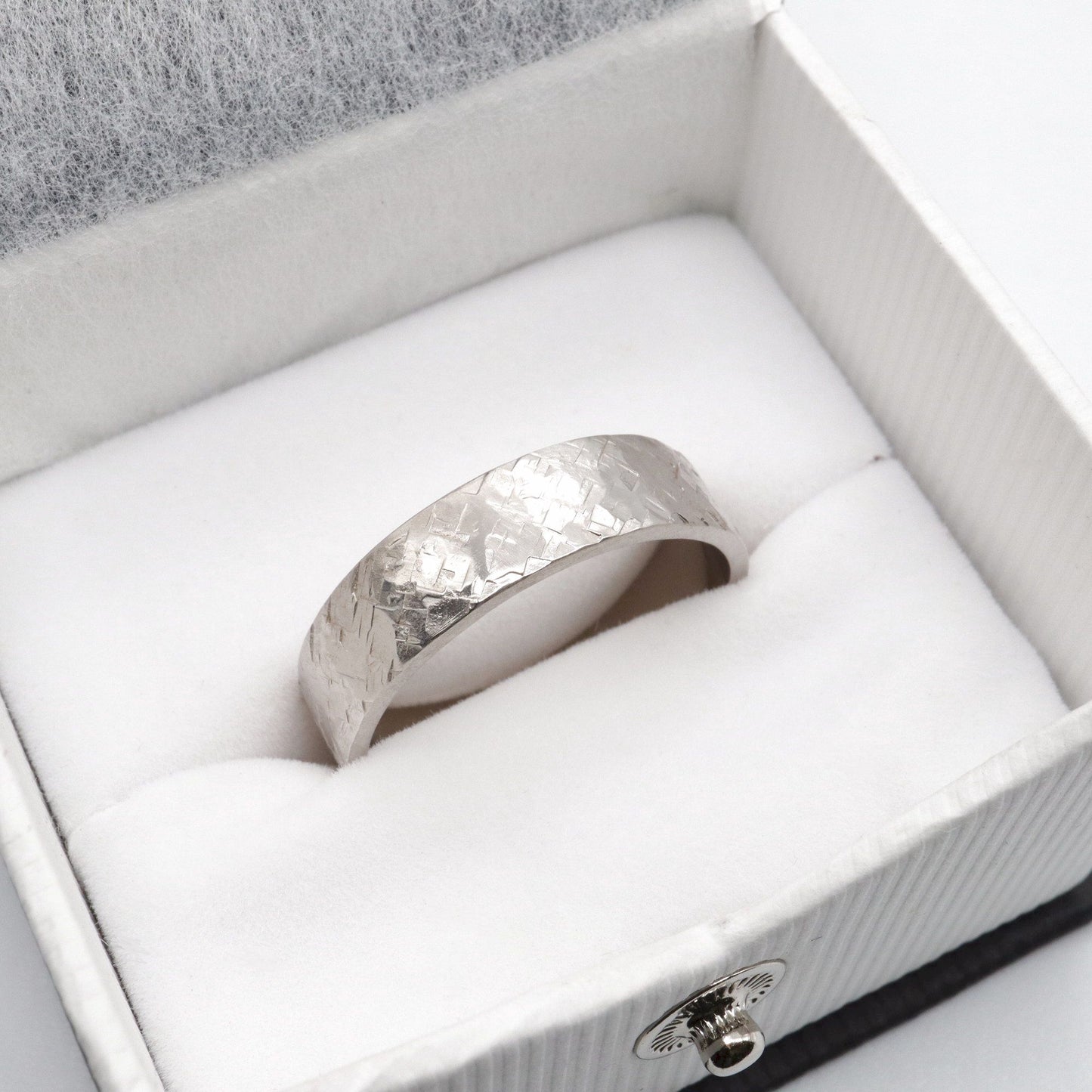 Broad white gold wedding ring, Kendal flat rustic hammered design