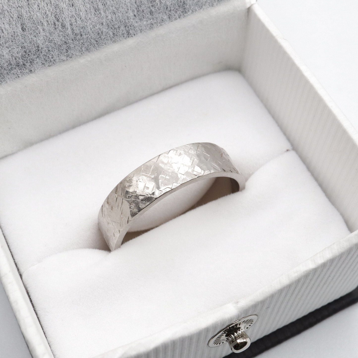 Broad silver wedding ring, Kendal flat rustic hammered design