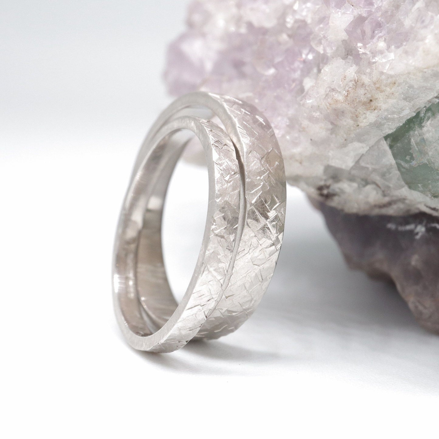 Matching Kendal Rustic Hammered 2mm and 4mm wedding ring set - flat textured white gold men and womens design.