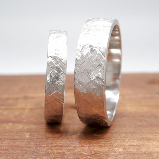 White gold matching Kendal design rustic hammered wedding ring set - flat textured 4mm and 6mm men and womens rings.