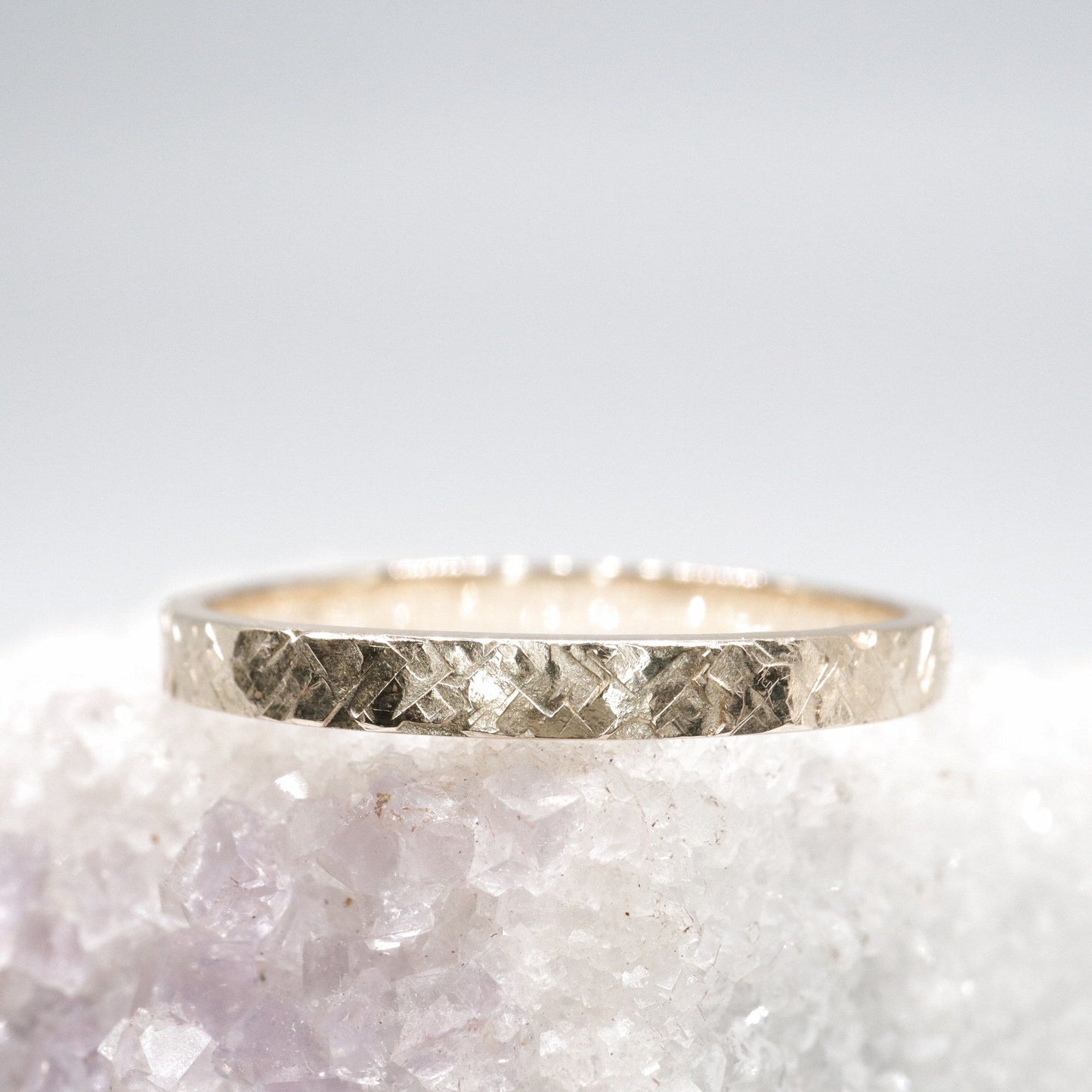 Narrow fine wedding ring, yellow gold Kendal design rustic hammered style for a woman or man