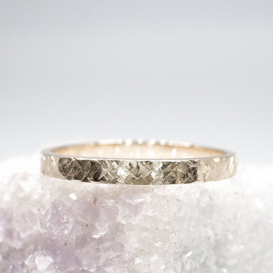 Narrow fine wedding ring, yellow gold Kendal design rustic hammered style for a woman or man