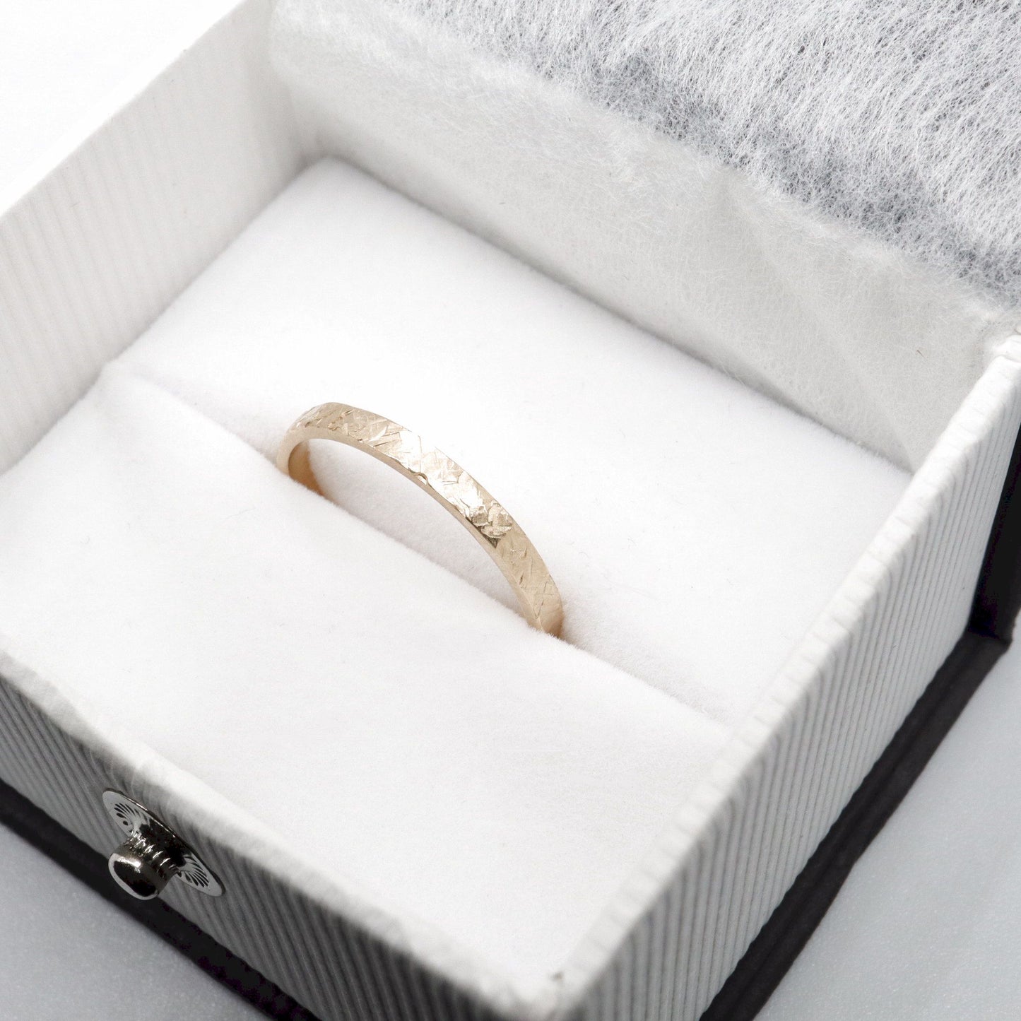 Narrow fine wedding ring, yellow gold Kendal design rustic hammered style for a woman or man